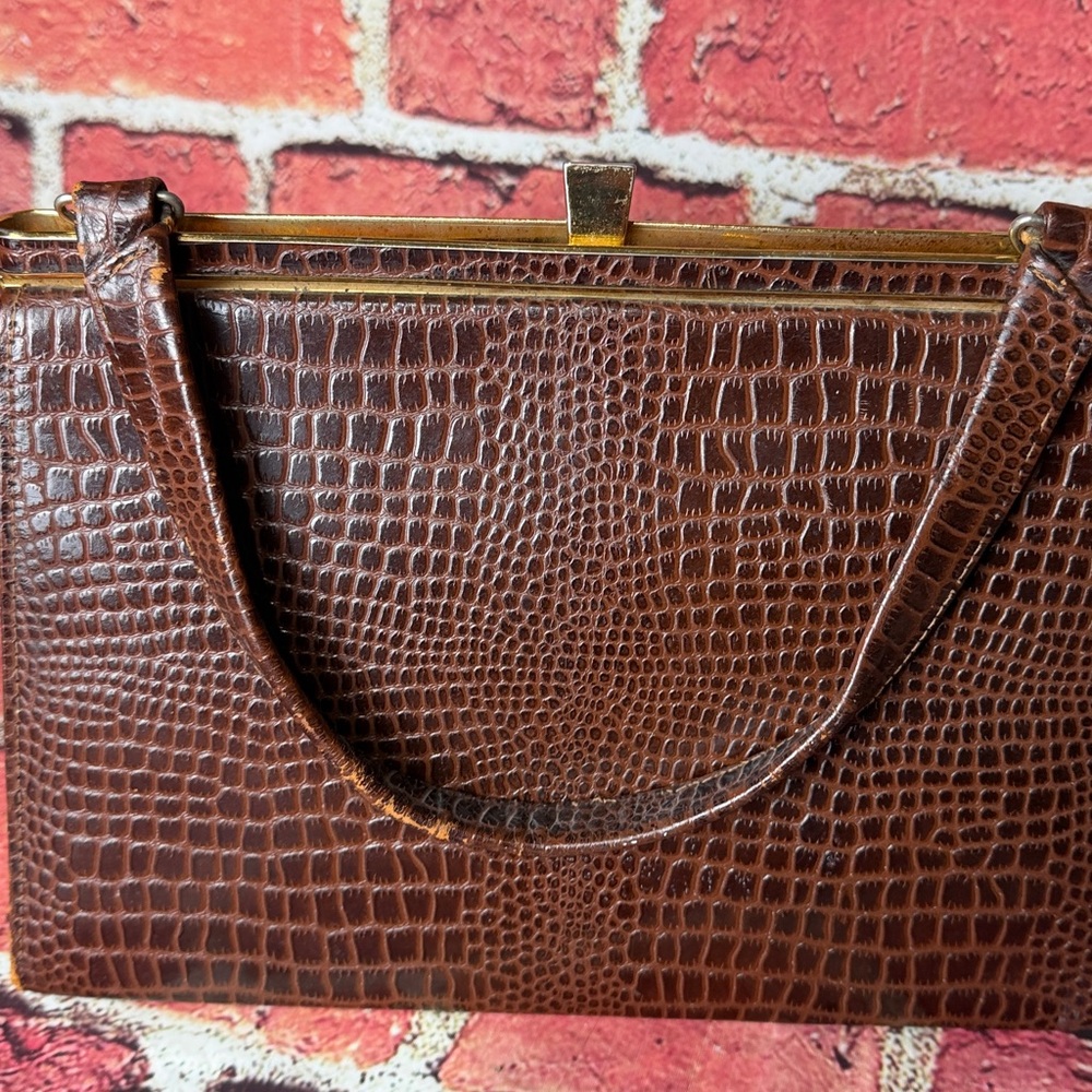 Vintage 1950s–1960s Brown Croc-Embossed Top Handle Frame Handbag - Picture 4 of 13